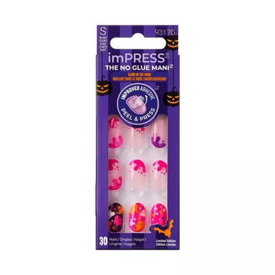 KISS imPRESS No Glue Needed Press On Nails, Design Glow in the Dark, The Fear, Pink, Short Oval, 30 Count