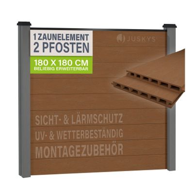 JUSKYS® WPC Sichtschutzzaun 1er Set - 1x Element + 2x Pfosten & Zubehör, Gartenset WPC- & Stahlkonstruktion, Teak / Grau