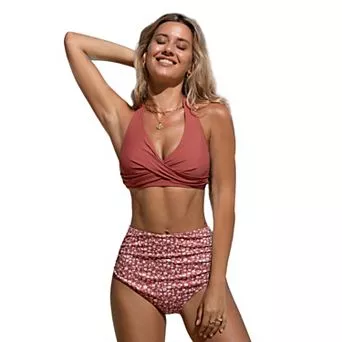 Women's Cupshe Twist Bikini Top & Ditsy High-Rise Bottoms Set