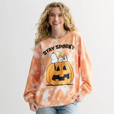 Juniors' Peanuts Snoopy And Woodstock Stay Spooky Oversized Graphic Pullover