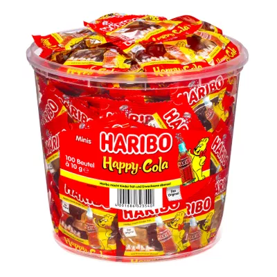 Haribo Happy-Cola Minis - 100 Stück im Eimer, 1kg - Inhalt: 2 Flaschen