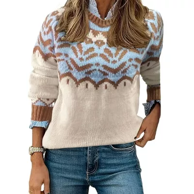 Womens Vintage Fair Isle Sweater Casual Loose Fall Winter Warm Knitted Pullover Sweaters Alsol Lamesa