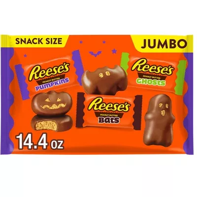 REESE'S Assorted Milk Chocolate Snack Size Peanut Butter Shapes, Halloween Candy Jumbo Bag, 14.4 oz
