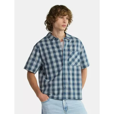 No Boundaries Boxy Button Down Shirt with Short Sleeves, Men's and Big Men's