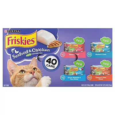 Friskies Purina Seafood and Chicken Pate Favorites Wet Cat Food Pate Variety pk., 5.5 oz., Pack of 40