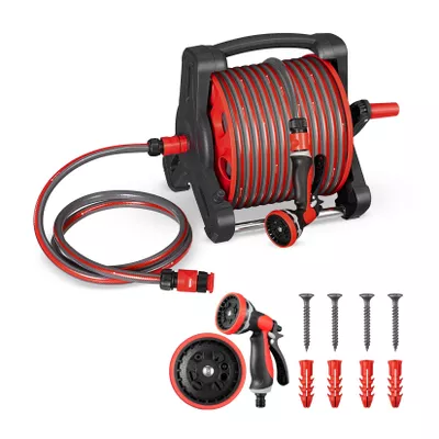Juskys Schlauchtrommel Basic mit 30 m Wasserschlauch, Multifunktionsbrause und Halterung – Rot Grau