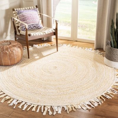 SAFAVIEH Braided Paisley Transitional Cotton Reversible Area Rug, Beige, 5' x 5' Round