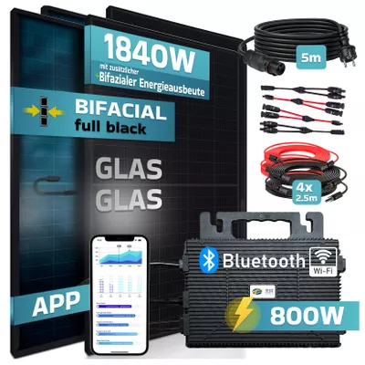 SUNNIVA® 1840W Balkonkraftwerk BIFAZIAL FULLBLACK komplett Steckdose ASTRO-E 800W Wechselrichter, PV Solaranlage, 4x 460W Glas-Glas Solarmodule, inkl. 5m Kabel, Bluetooth WIFI, Komplettset