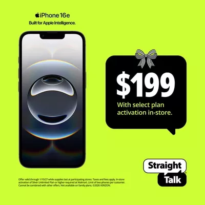 Straight Talk Apple iPhone 16e, 5G, 128GB, Black - Prepaid Smartphone [Locked to Straight Talk]