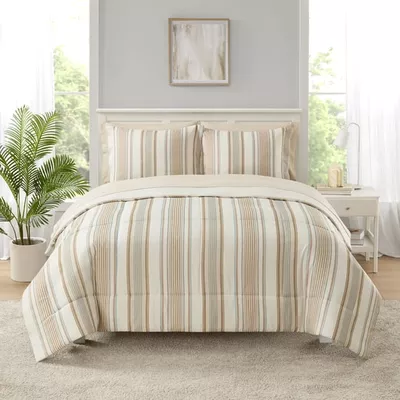 Mainstays All-In-One Reversible Comforter and Sheet Set - 7 Piece, Queen, Beige Stripe