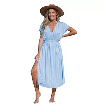 Women's Cupshe Striped Plunging V-Neck Dolman Sleeve Midi Cover-Up Dress