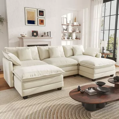 BedLuxury 111.5'' Modular Sectional Sofa with Movable Ottomans, U Shaped Cloud Couch for Living Room, 3-Seat, Beige