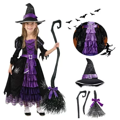 Joyfy Witch Costume Set for Girls, Halloween Fancy-Dress with Broom Hat for Toddler Kids Halloween Party Dress up 3-14 Years