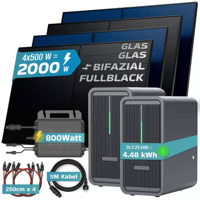 SUNNIVA® 2000W Balkonkraftwerk mit 4.48 kWh Speicher MARSTEK 2x B2500-D, BIFAZIAL FULLBLACK komplett Steckdose, PV Solaranlage Komplettset mit Solarspeicher, 4x 500W N-Type Glas-Glas Bifacial Module