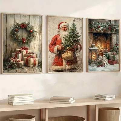 3pcs Vintage Christmas Canvas Wall Art Set - Frameless Prints for Living Room, Bedroom, Office & Kitchen Decor, Room Decoration