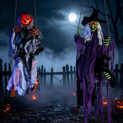 Joyfy 2 Packs Halloween Decorations Outdoor Hanging Ghosts,Light Up 3.9ft Witch and 3ft Pumpkin Face Creepy Decorations for Halloween Hanging Decorations Indoor Outdoor Yard