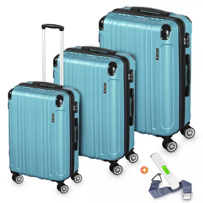 Veska Hartschalenkoffer Kofferset "Madrid"  3 teilig mit TSA Zahlenschloss 4 Rollen ABS-Hartschale, Reisekoffer Trolley Rollkoffer Koffer - nebelblau