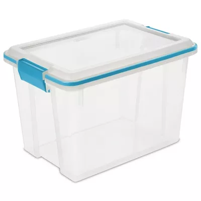 Sterilite Small Storage Bin, 20 Quart Clear Weather-Resistant Plastic Storage Container with Gasket and Latch Lid, Blue