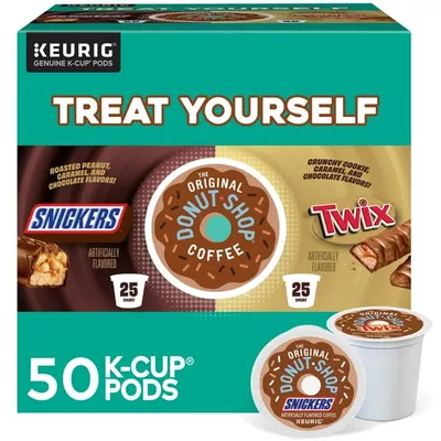 The Original Donut Shop, Snickers and Twix Coffee Variety Pack Flavored K-Cup Coffee Pods, 50 Count