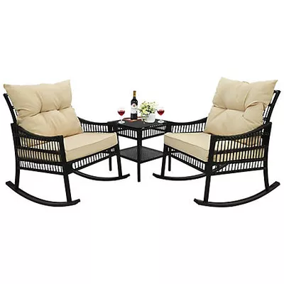 Veikous 3-Piece Outdoor Rocking Chairs Wicker Rattan Bistro Set with Cushions and Table