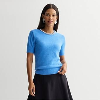 Women's Nine West Jewel Neck Short Sleeve Knit Sweater