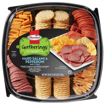 HORMEL GATHERINGS Hard Salami and Pepperoni with Cheese and Crackers, Refrigerated, 28 oz Plastic Tray