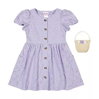 Girls 4-6x Little Lass Knit Eyelet Puff Sleeve Dress with Purse