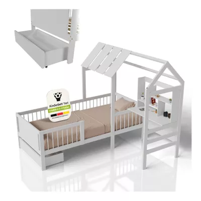 Juskys Kinderbett Yari - Integrierter Schreibtisch, Schublade, Pflegeleicht, 150 kg belastbar - weiß