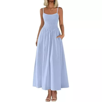 PRETTYGARDEN Women's Smocked Maxi Dresses Summer Beach Sundress Casual Spaghetti Strap Swing A Line Long Flowy Dress