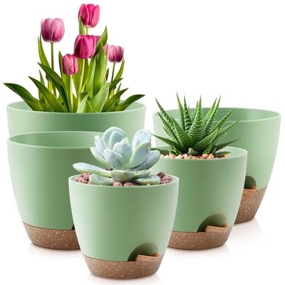 FOUKUS Set of 5 Self-Watering Plant Pots with Drainage – Eco-Friendly Plastic Planters for Indoor & Outdoor Use – Pots for Succulents, Cactus, Snake Plants (7