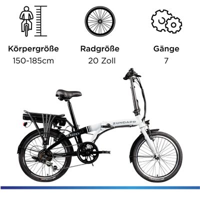 Zündapp Z120 20 Zoll E Bike Faltrad für Damen Herren 150 - 185 cm E Klapprad schwarz weiß