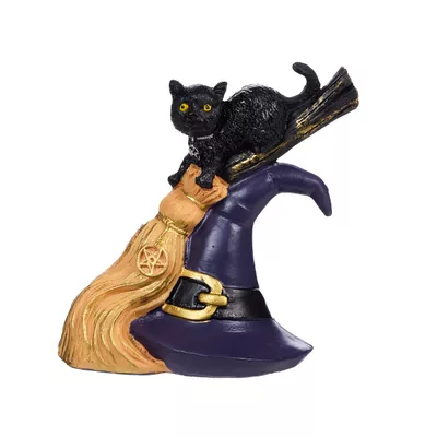 Halloween Cat On Broom And Hat Figurine