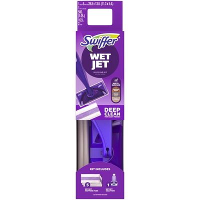 Swiffer WetJet Spray Mop Starter Kit, 1 Power Mop + 1 Floor Cleaner & 5 Pads (Batteries Included)