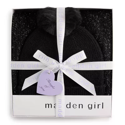 Girls madden girl 2 pc Tinsel Weave Oblong Scarf & Pom Pom Beanie Set