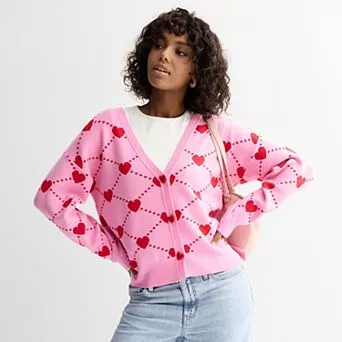 Juniors' FOREVER & EVER Long Sleeve Heart And Bow Button Front Sweater