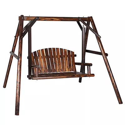 Veikous 2-Person Wood Patio Swing With A-Shaped Stand and Adjustable Hooks