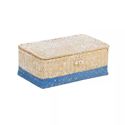 White Wash Straw Lidded Basket Medium