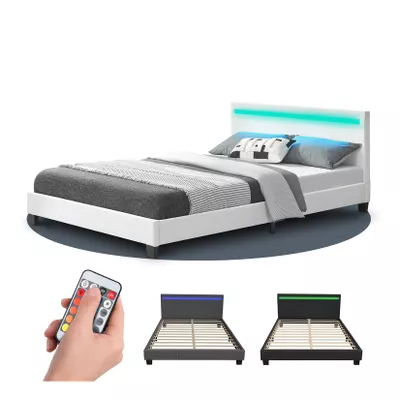 Juskys Polsterbett Paris 140 x 200 cm weiß – Bett mit LED Beleuchtung, Lattenrost & Kopfteil