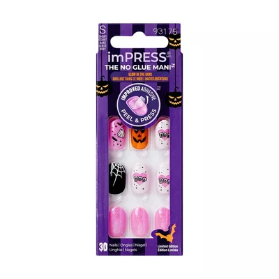 KISS imPRESS No Glue Needed Press On Nails, Design Glow in the Dark, Haunted Waltz, Pink, Short Oval, 30 Count