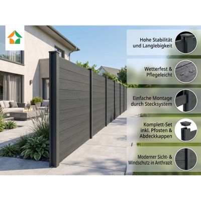 Prestige Home Living Outdoor WPC-Sichtschutzzaun Caracas - 5 Zaunelemente + 6 Pfosten - Anthrazit