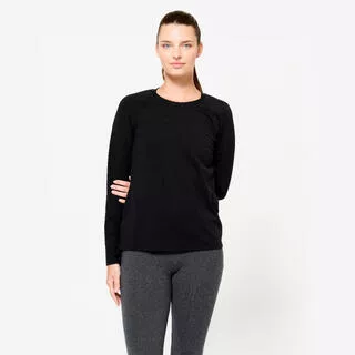 DOMYOS T-shirt manica lunga nera donna palestra regular fit cotone