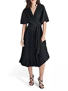 Pleated Surplice Midi Fit-&-Flare Dress