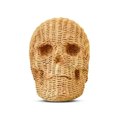 Halloween Brown Faux Rattan Resin Skull Tabletop Decor, 5.5 in, by Way To Celebrate