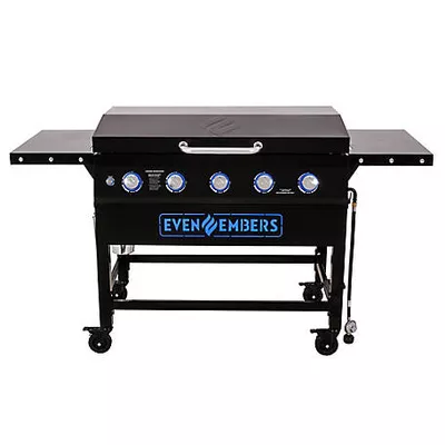Even Embers 5-Burner Propane Gas Pre-Seasoned Griddle with Lid, 40 in., Black