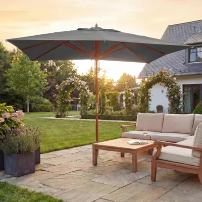 Gastronomie Holz-Sonnenschirm MCW-C57, Gartenschirm, Polyester/Holz 14kg, eckig 3x3m Seilzug stoßsicher ~ anthrazit