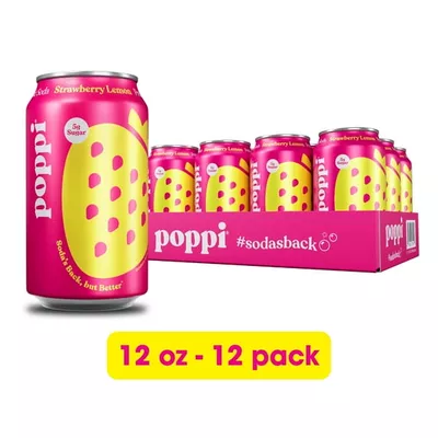 (12 pack) poppi Strawberry Lemon Prebiotic Soda, 12 oz, 12 Pack Cans