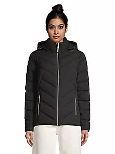 Packable Chevron-Quilted Hooded Puffer Jacket