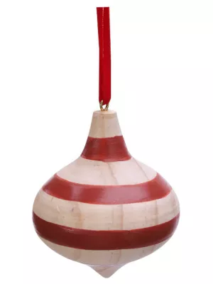Julekugle m/striber, Ø6,5 cm, natur/rød