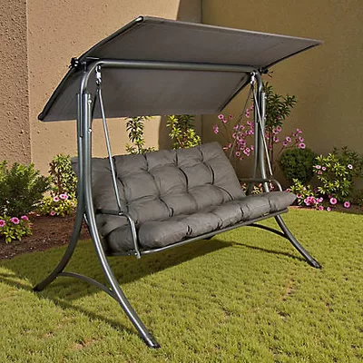 Sunjoy 3-Seat Deluxe Outdoor Patio Garden Swing with Steel Frame, Adjustable Canopy