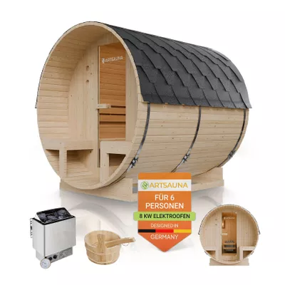 Artsauna Fasssauna Spitzbergen 220 mit zwei Bänken - 6 Personen, 8 kW Ofen, Zubehör - Fichtenholz Sauna